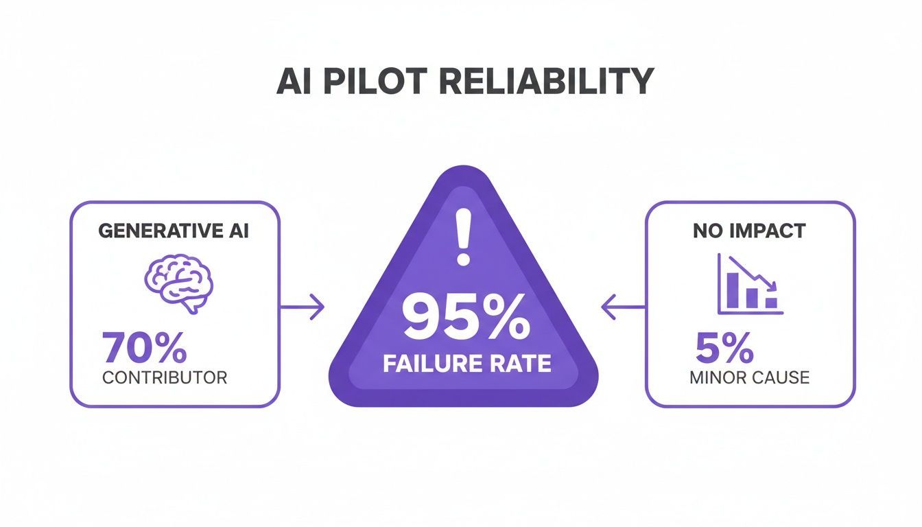 Diagram illustrating AI pilot reliability, showing a 95% failure rate, with generative AI as a 70% contributor.