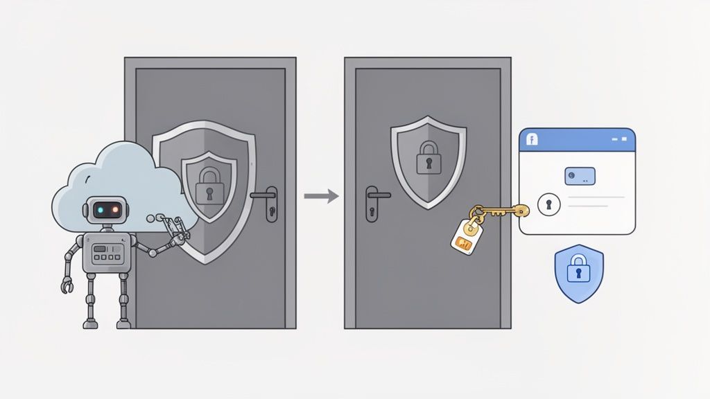 An AI robot with a cloud interacts with locked doors and a key, leading to a secure login.
