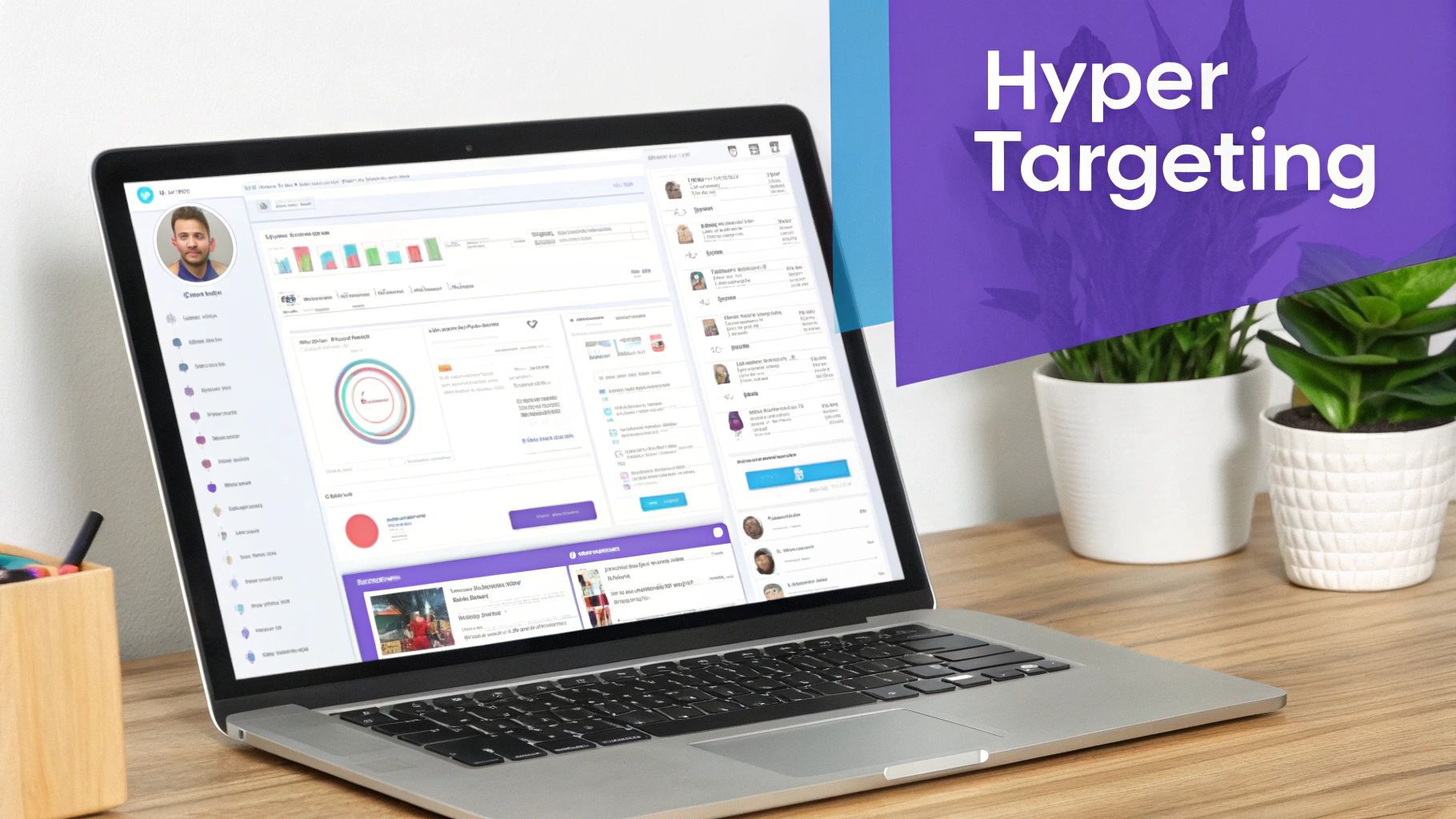 Laptop displaying a hyper-targeting analytics dashboard with a user profile and various data visualizations on a wooden desk.