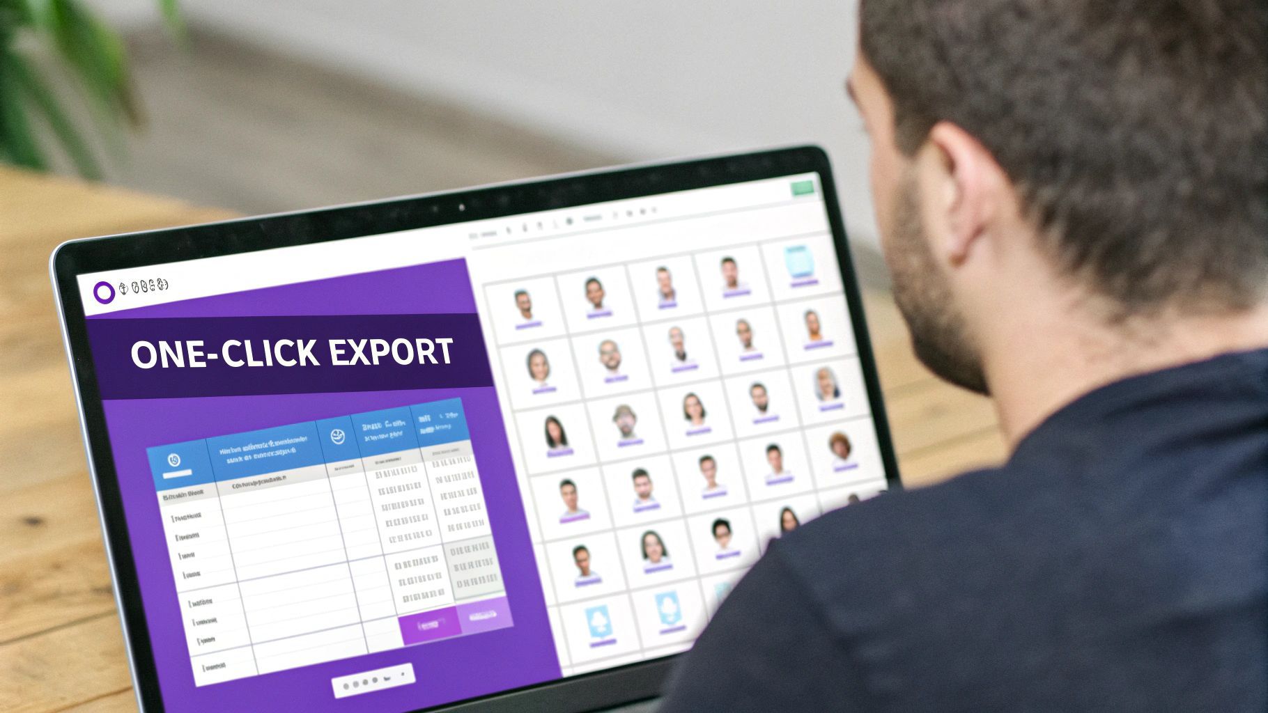 Man views a laptop screen displaying a digital platform with 'ONE-CLICK EXPORT' and user profile pictures.