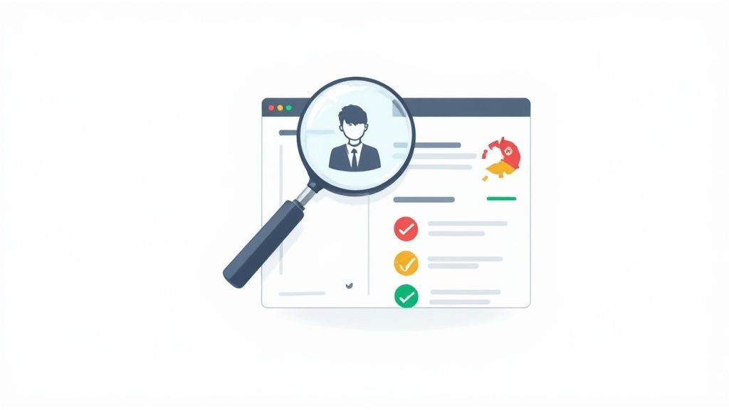 A magnifying glass examining a professional profile within a browser window, showing verification checks.