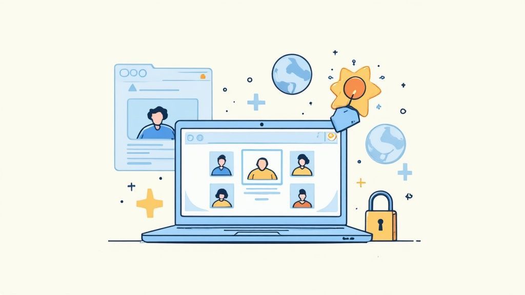 A flat illustration of a laptop showing a virtual meeting with user profiles, globes, and a padlock.