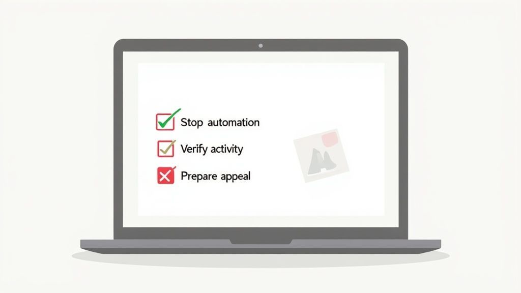 Laptop screen showing a checklist: 'Stop automation' and 'Verify activity' checked, 'Prepare appeal' crossed out.