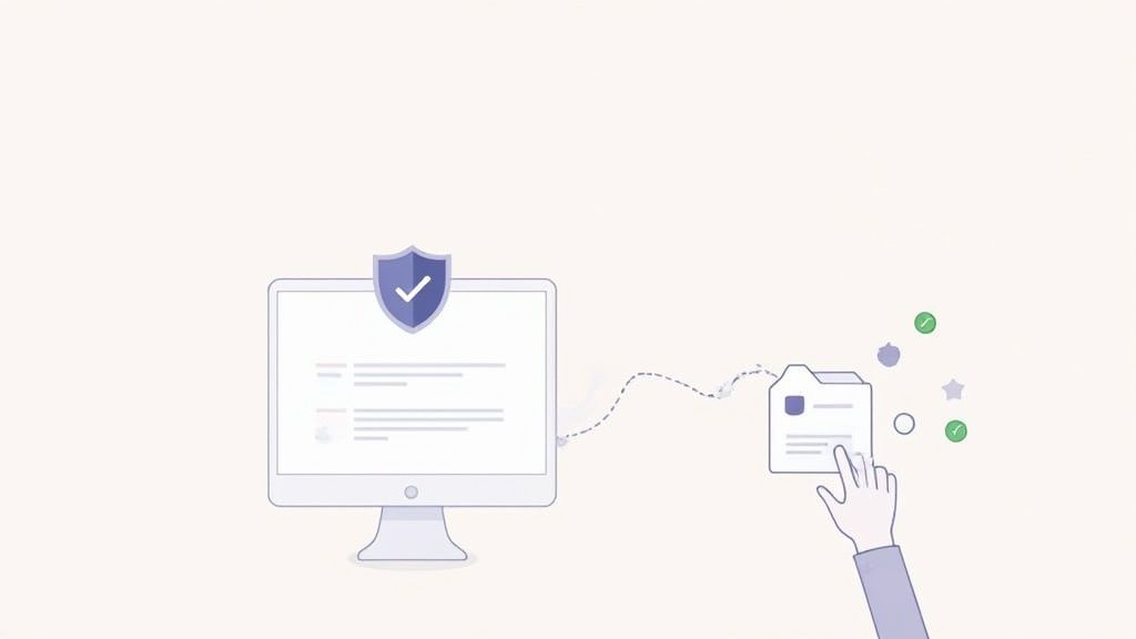 Illustration of a secure computer system protecting data transferred to a document, with user interaction.