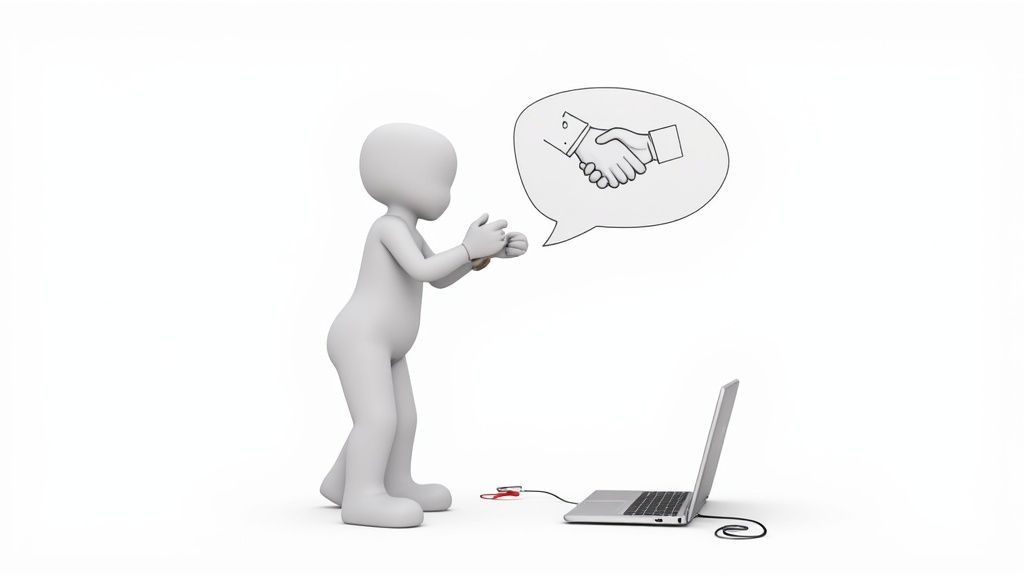 A 3D character is digitally restrained to a laptop, with a thought bubble of a handshake.