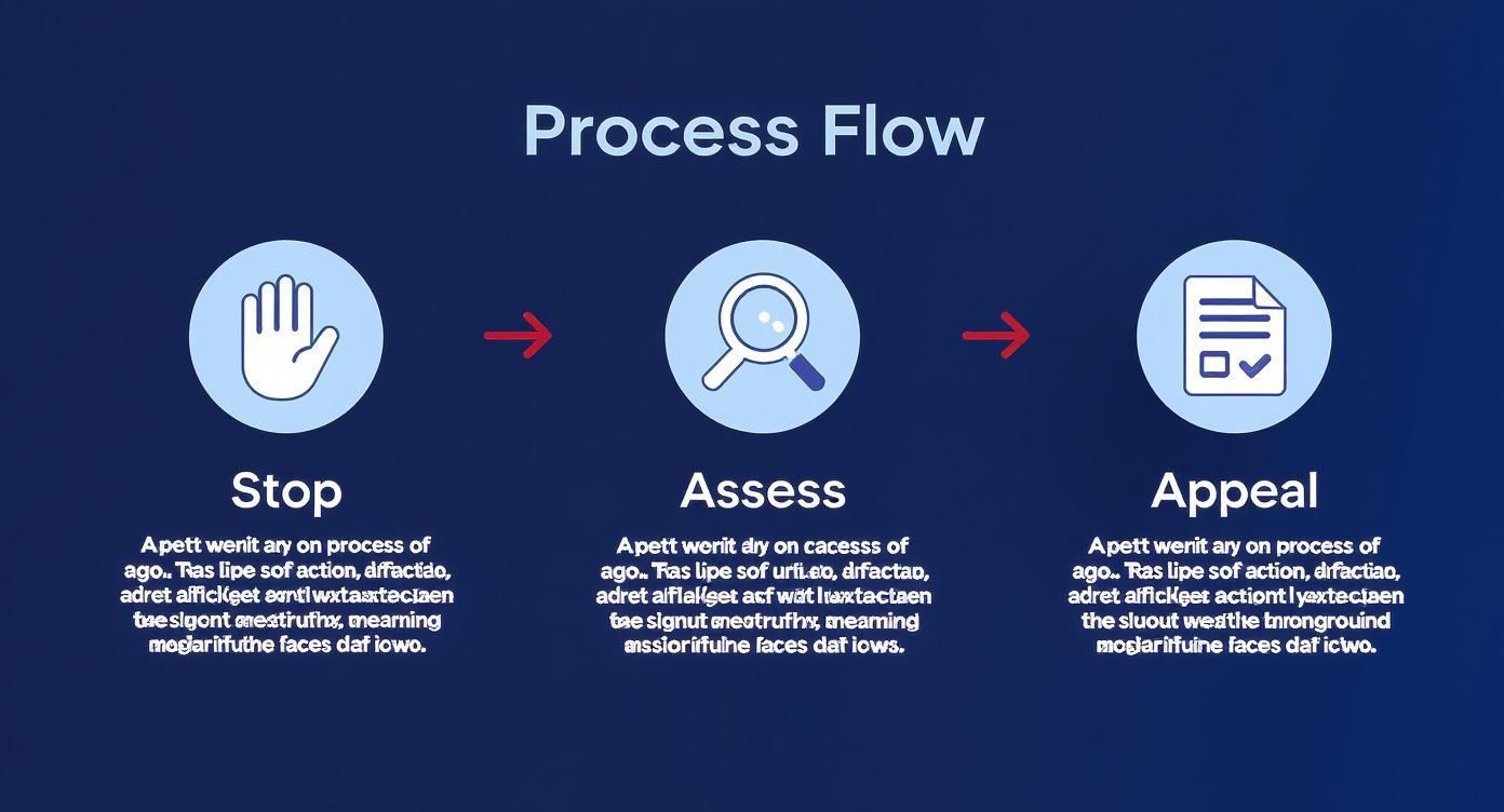 Process flow diagram showing three steps: Stop, Assess, and Appeal with corresponding icons.