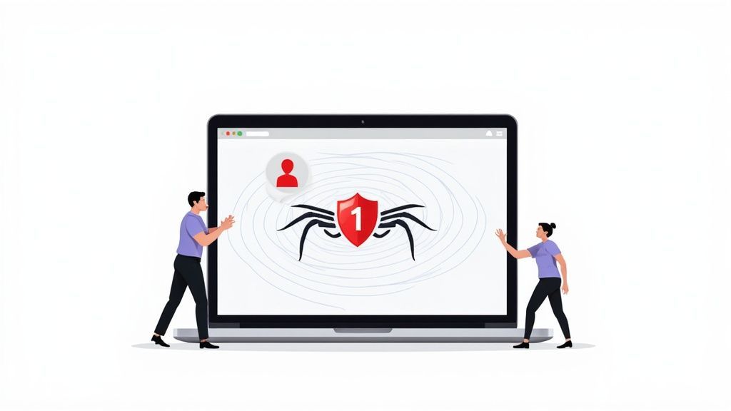Two people protect a laptop screen displaying a spider-like shield icon and user data.