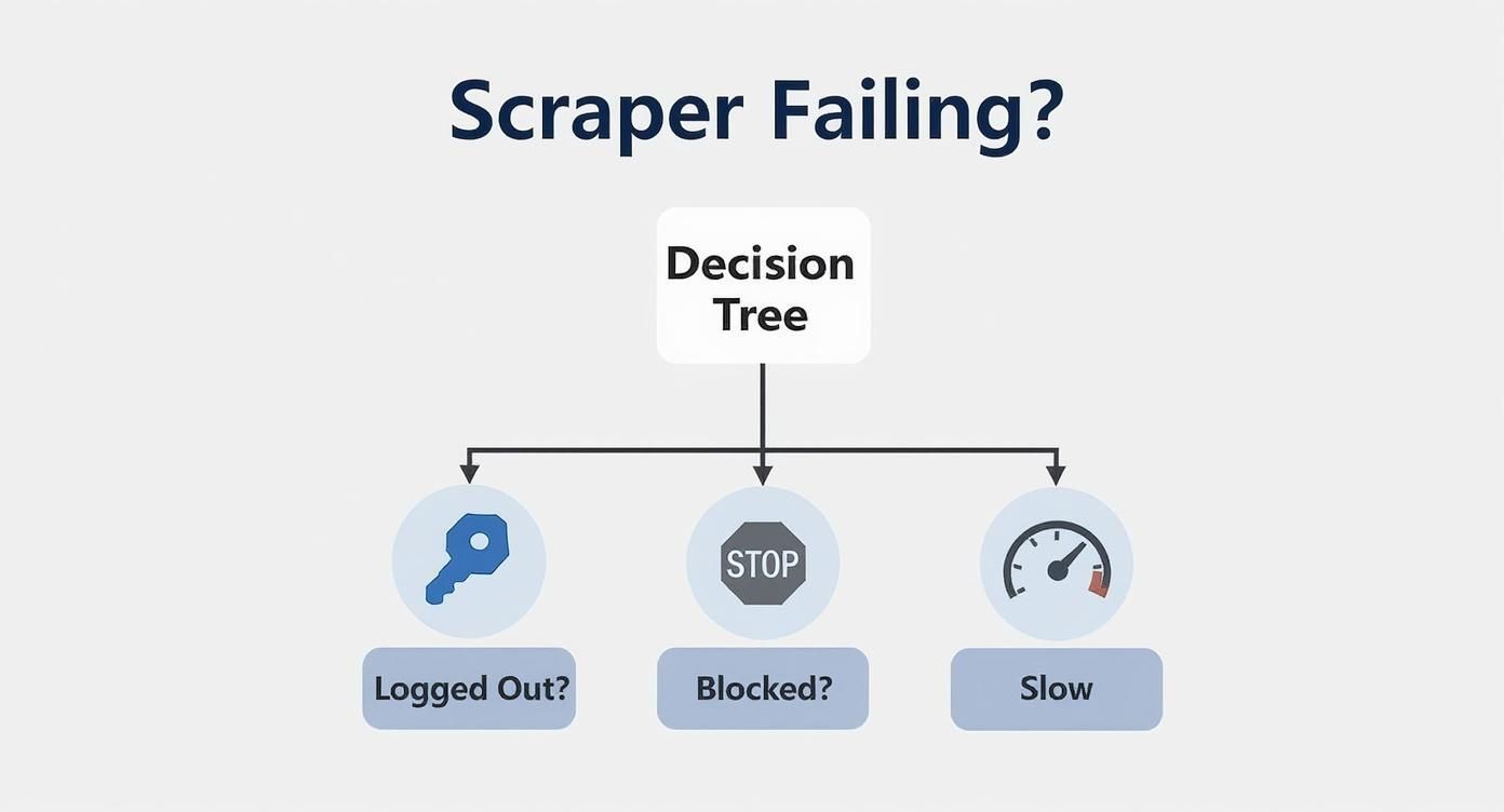 A decision tree diagram showing common reasons for a web scraper failing: Logged Out, Blocked, or Slow.