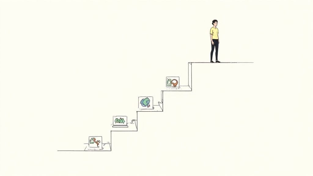 A person stands at the top of stairs, observing screens displaying evolving technology from computers to VR.