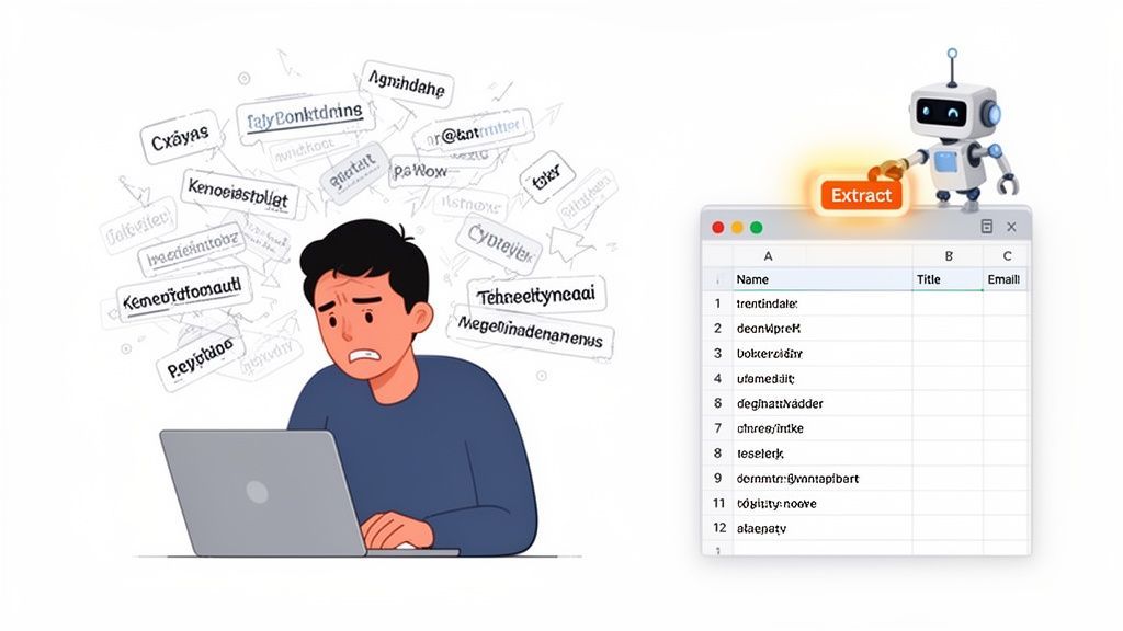 A stressed man struggles with messy data while a robot easily extracts and organizes it into a spreadsheet.