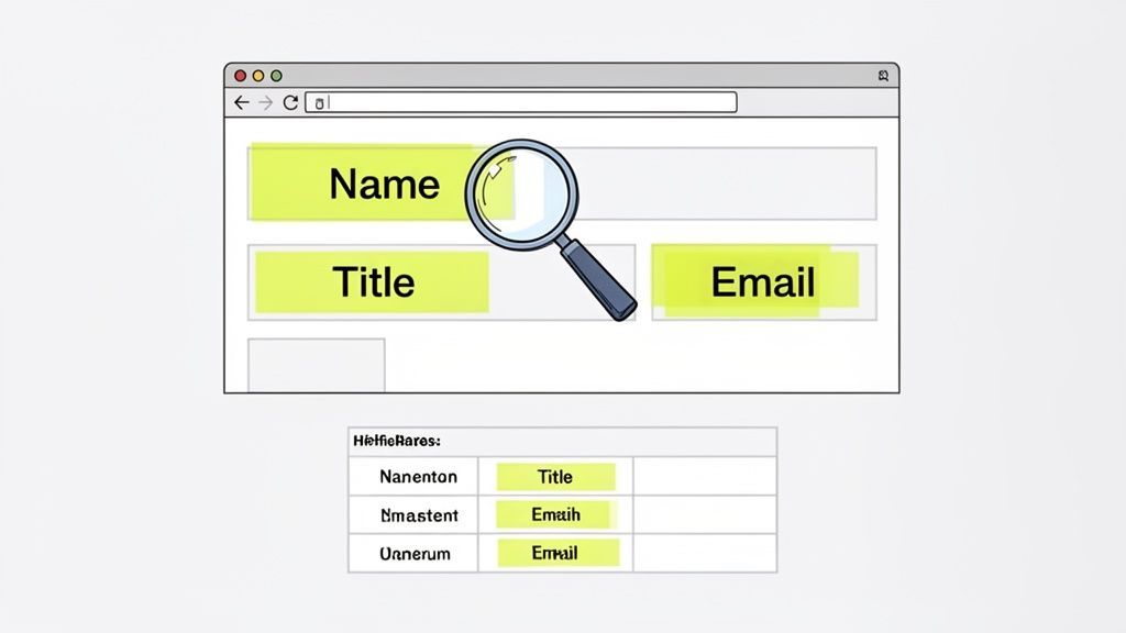 Illustration of web scraping a browser form with 'Name', 'Title', 'Email' fields into a data table.