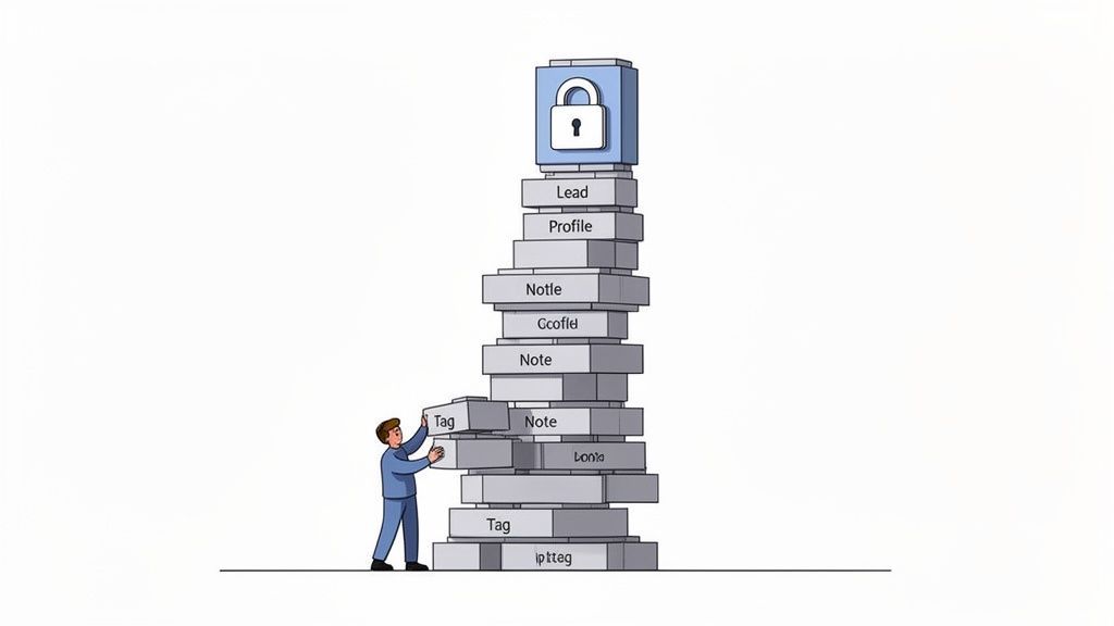 A person building a stack of data blocks labeled 'Lead', 'Profile', 'Note', topped with a padlock.