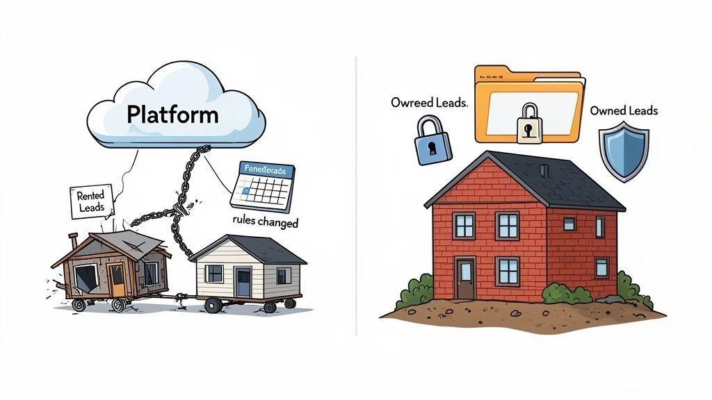 Illustration contrasting 'Rented Leads' tied to a platform with changing rules, versus 'Owned Leads' depicting a secure, stable home.