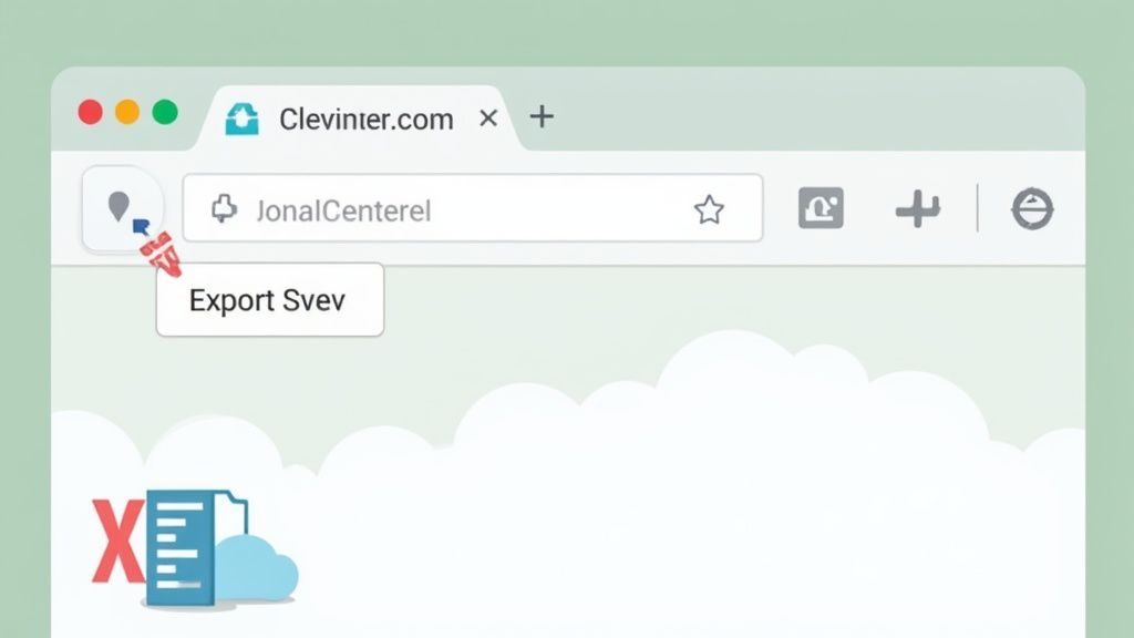 A web browser showing an 'Export Svev' menu option next to a pin icon, with a document and cloud graphic below.