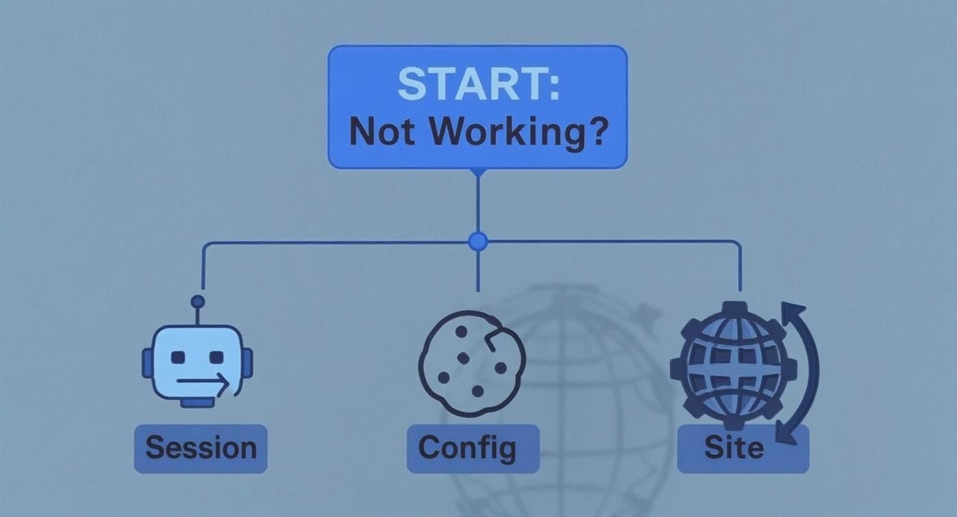 A troubleshooting flowchart starting with 'START: Not Working?' and branching to Session, Config, and Site.