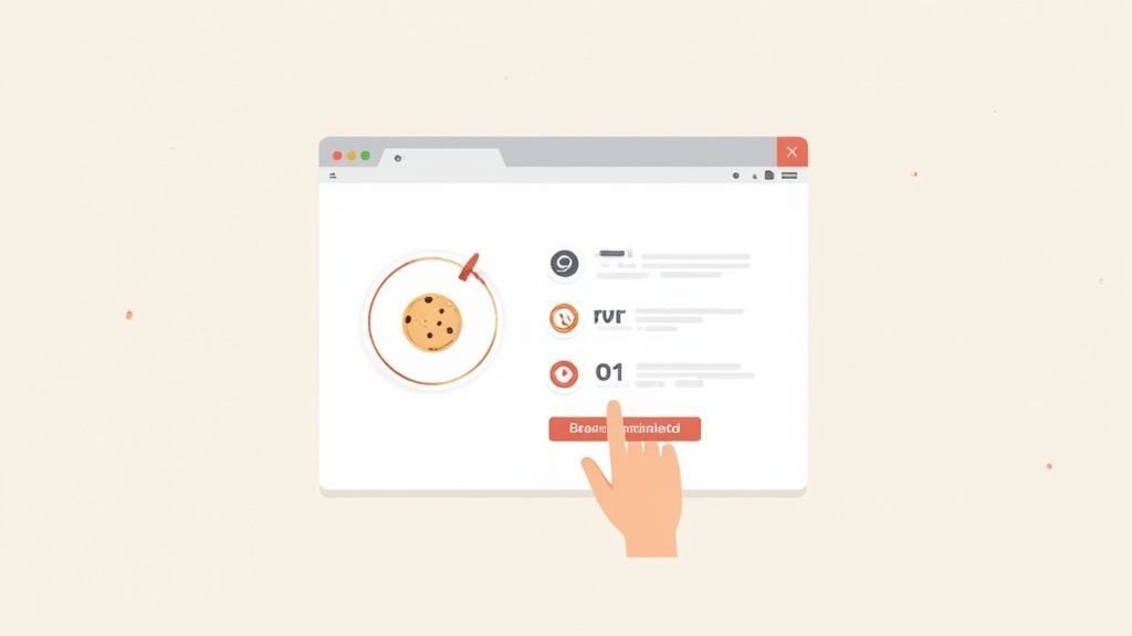 Illustration of a hand clicking a button in a browser window with a cookie graphic and progress indicators.