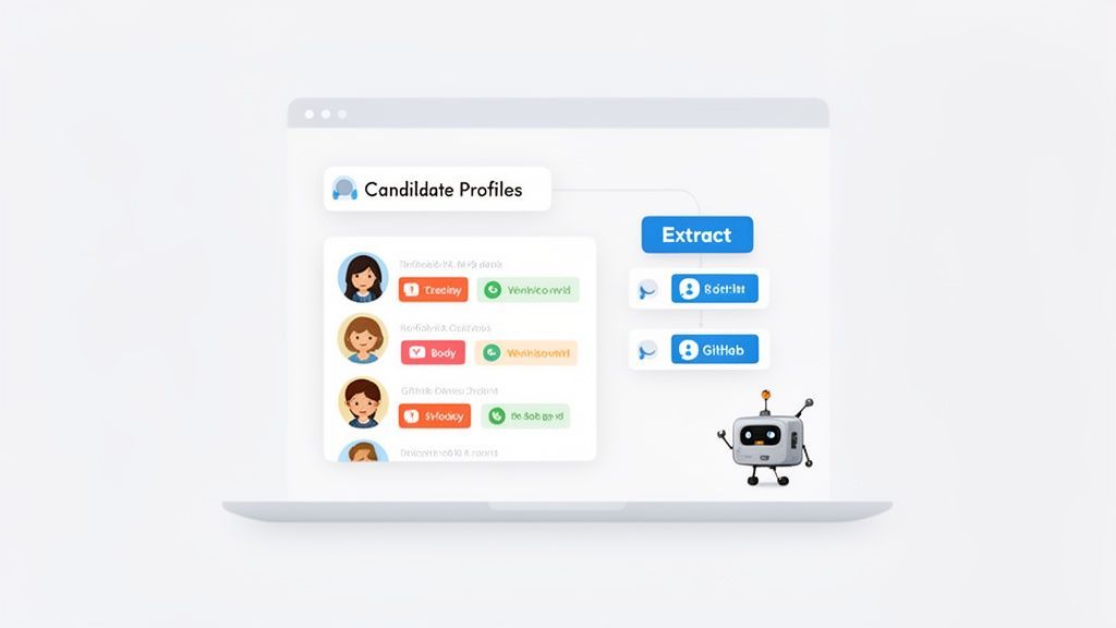A laptop screen displaying a candidate profiling and extraction workflow with a cute robot.
