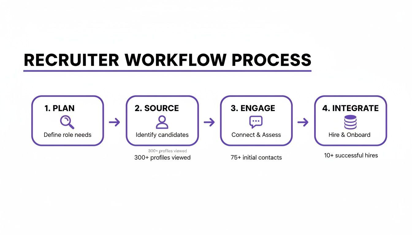 A clear diagram outlining the four-step recruiter workflow process: Plan, Source, Engage, and Integrate.