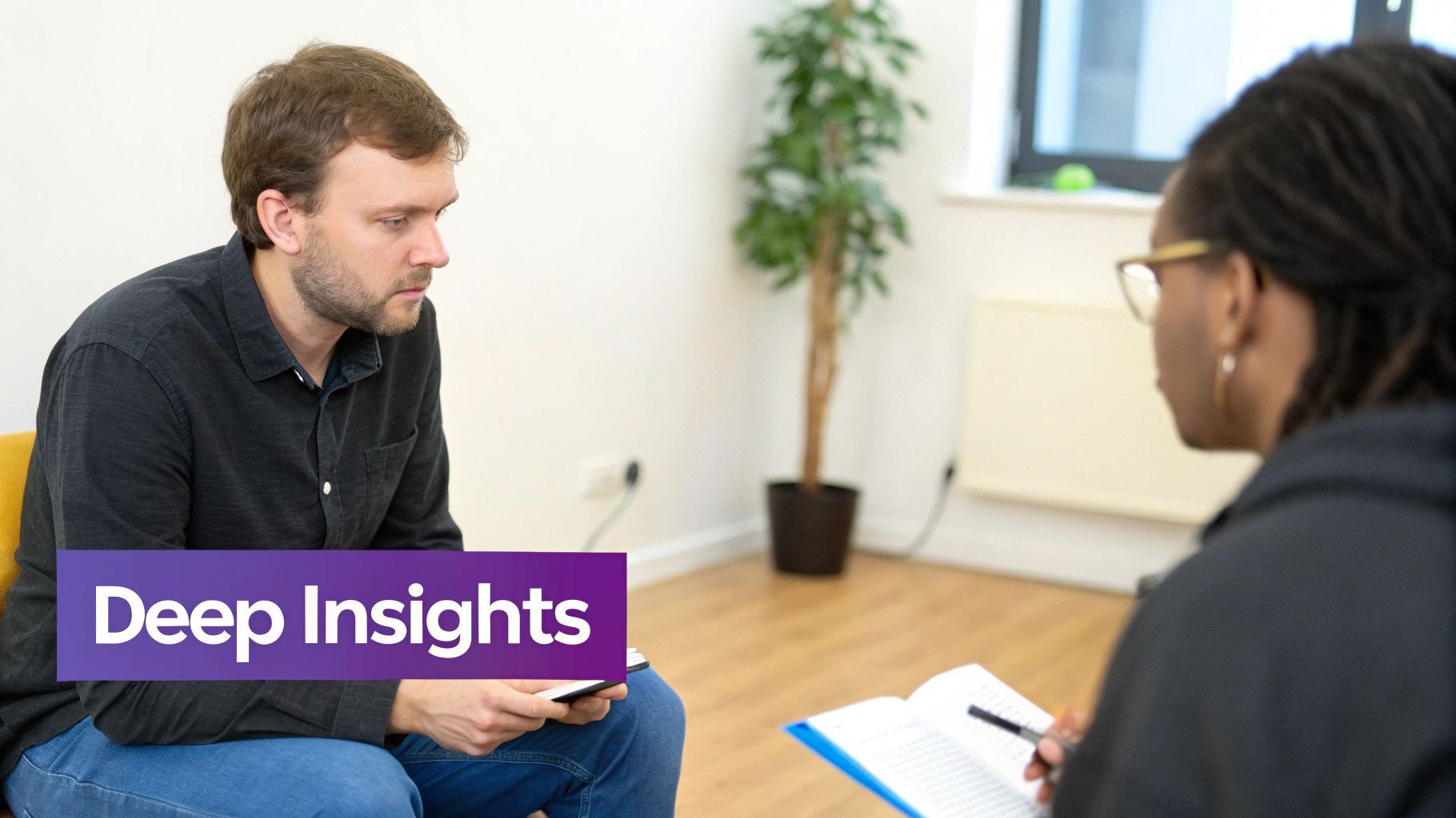 Professional consultation meeting with two people discussing research insights and data collection methods