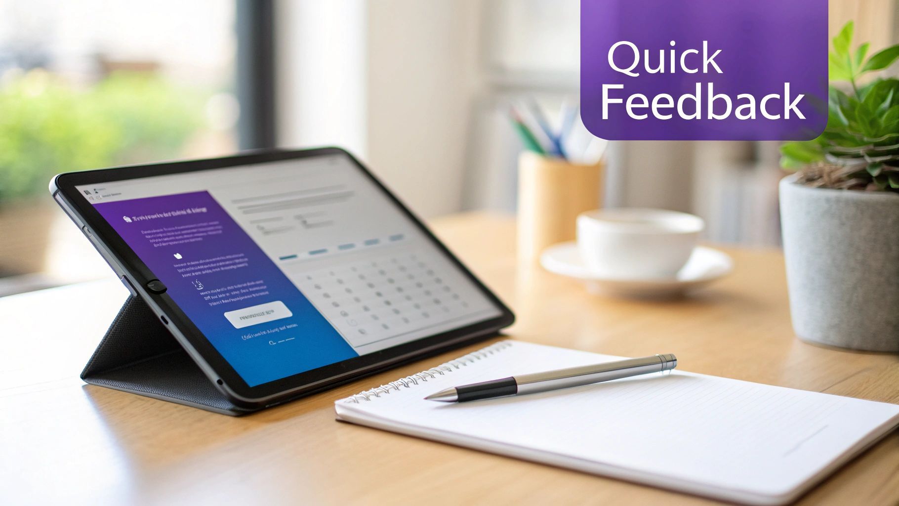 Tablet displaying quick feedback survey form on desk with notepad and coffee cup