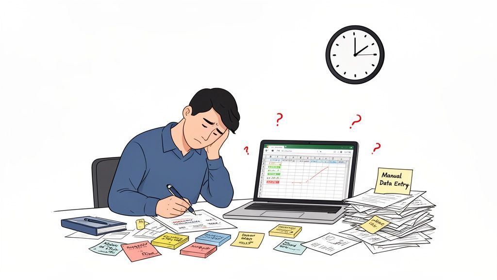 A stressed person doing manual data entry, surrounded by papers and a laptop with a spreadsheet.