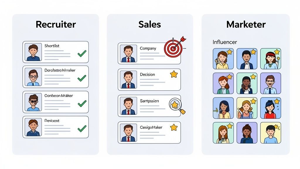 A diagram illustrating three professional roles: Recruiter, Sales, and Marketer with associated tasks and profiles.