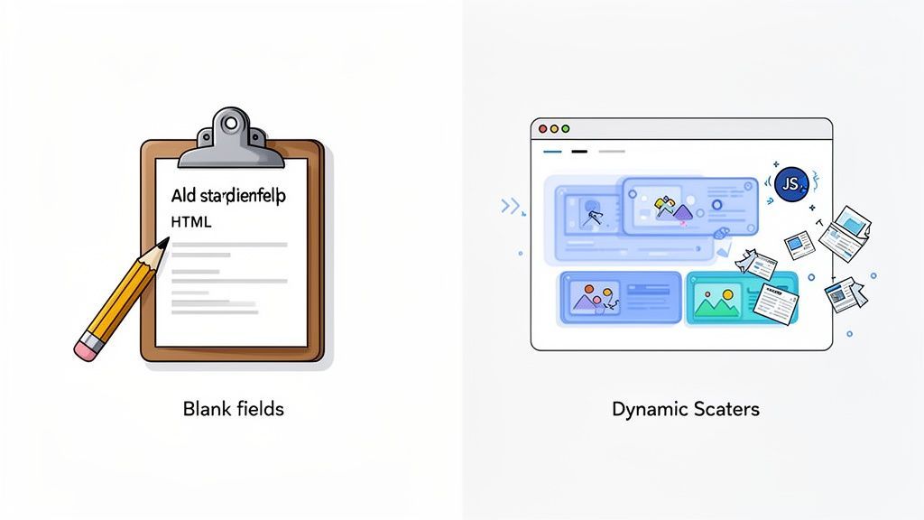 Illustration comparing manual data input on a clipboard with dynamic web content scraping.