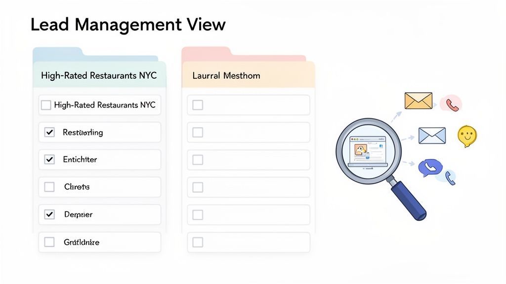 Lead management view with categorized lists, and a magnifying glass illustrating lead generation and multi-channel communication.