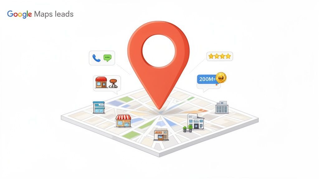 Google Maps pin over a map, indicating local businesses and lead generation interactions like calls, messages, and ratings.
