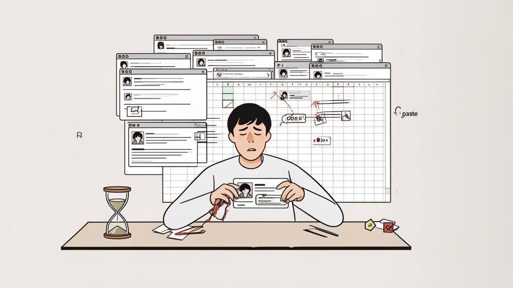 Cartoon illustration of a stressed person managing many digital tasks and documents at a desk.
