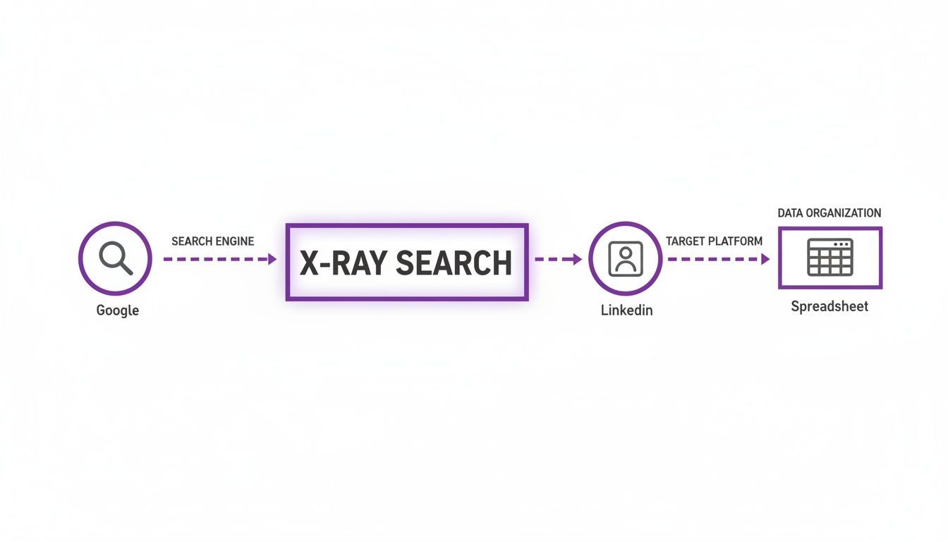 A diagram illustrating the X-ray search workflow from Google through LinkedIn to a spreadsheet for data organization.