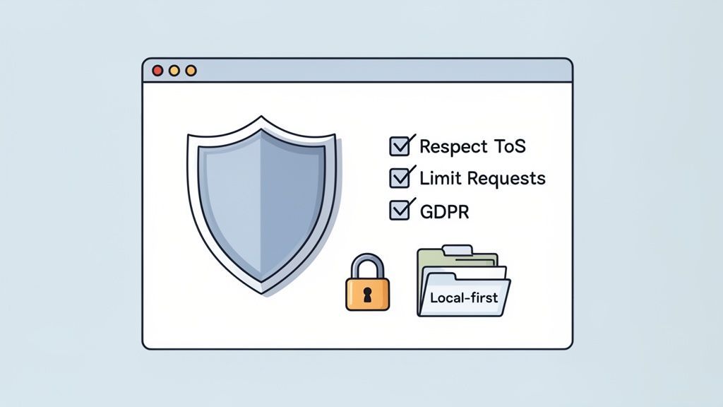 A browser window showing data security elements: a shield, a checklist for compliance, a padlock, and a 'Local-first' folder.