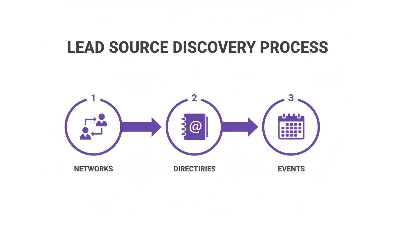 Infographic illustrating the lead source discovery process, outlining three steps: networks, directories, and events.