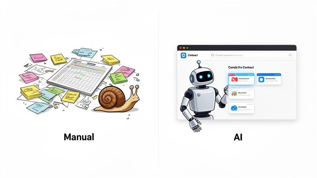A snail and messy papers represent manual work, contrasted with a robot and clean interface for AI automation.