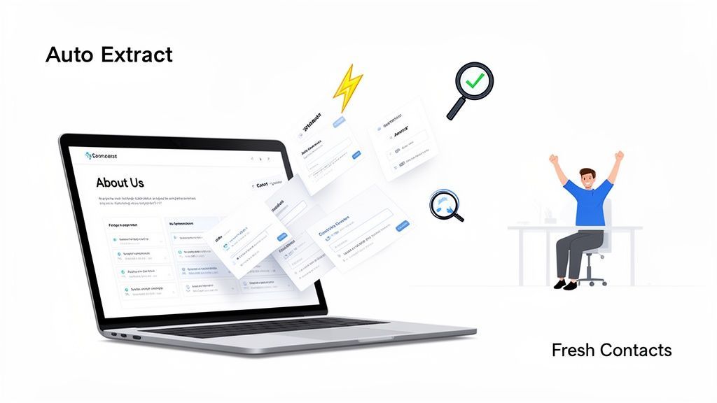A laptop automatically extracts contact cards, showing success and fresh leads for a happy user.