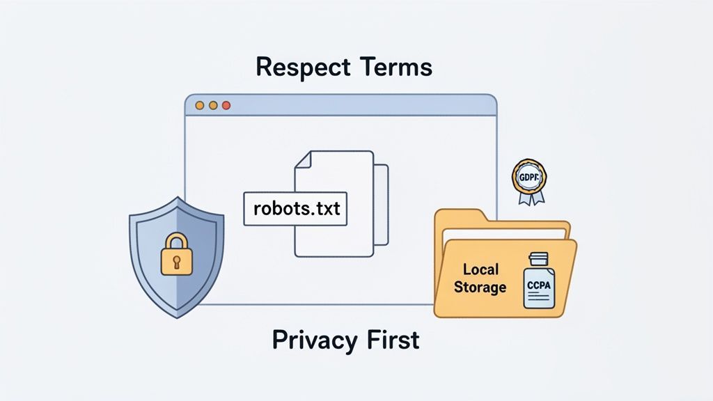 An illustration showing web privacy principles with robots.txt, GDPR, CCPA, local storage, and a security shield.