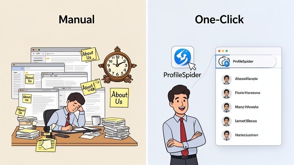 Image comparing manual, tedious data scraping with a tired person to one-click, automated profile extraction.