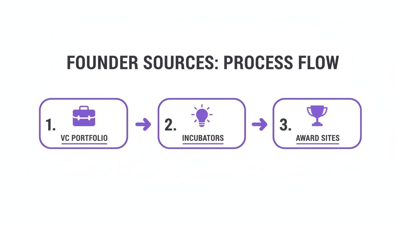 A three-step process flow showing founder sources: VC portfolios, incubators, and award sites.