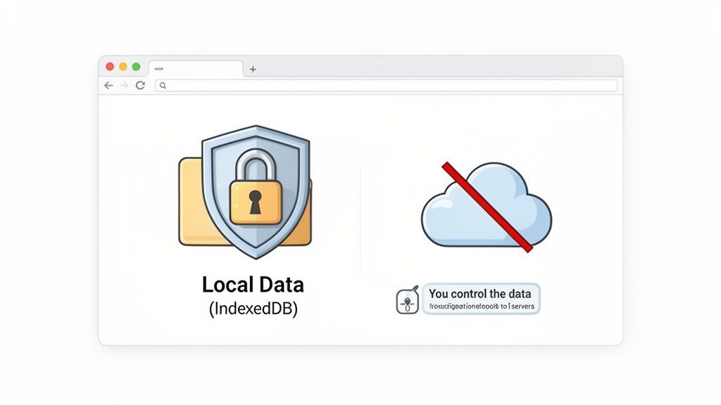 Browser window showing local data storage with a padlock and a struck-through cloud, indicating data control.