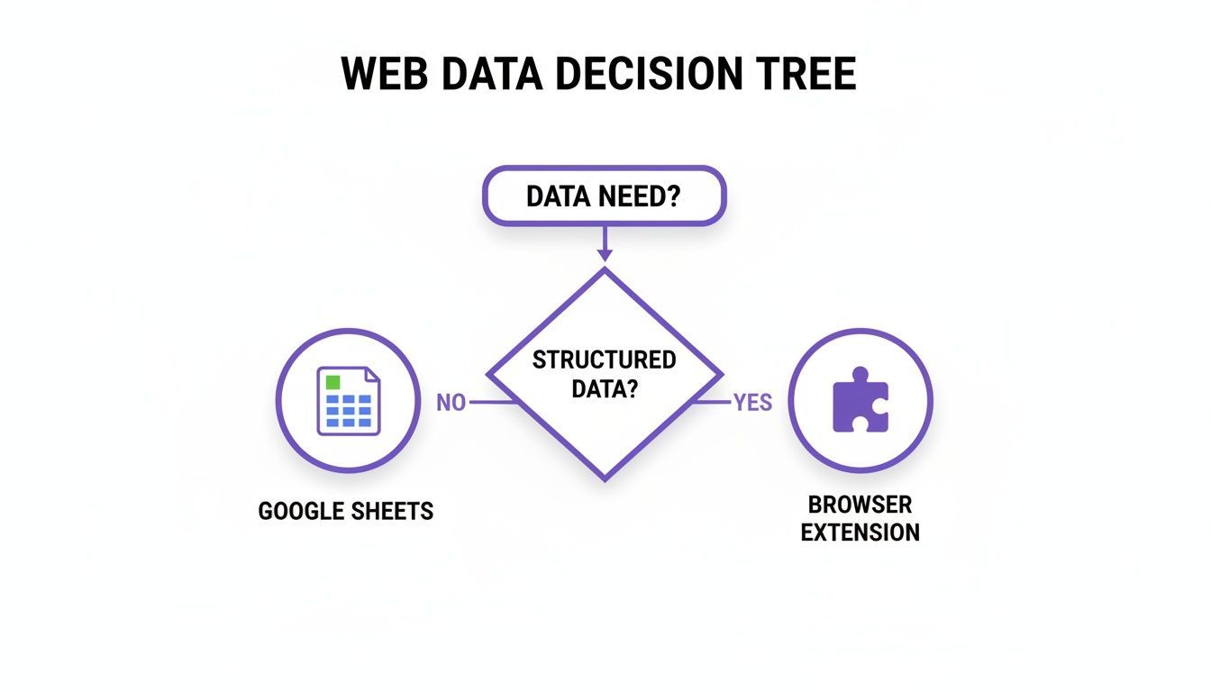 A web data decision tree flowchart, guiding users from 'Data Need?' to 'Structured Data?' and then to 'Google Sheets' or 'Browser Extension'.
