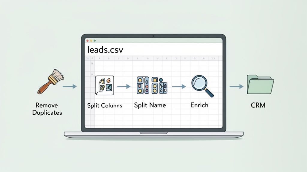 A data workflow processing leads.csv on a laptop: remove duplicates, split columns, split name, enrich, and then save to CRM.