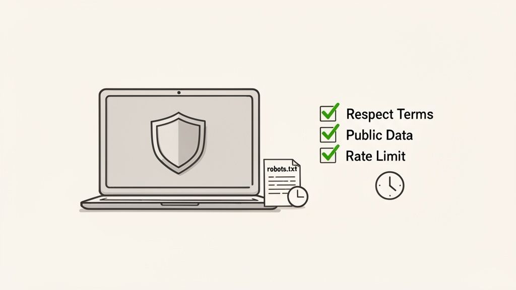 A laptop, robots.txt file, and a checklist of ethical web scraping guidelines including rate limits.