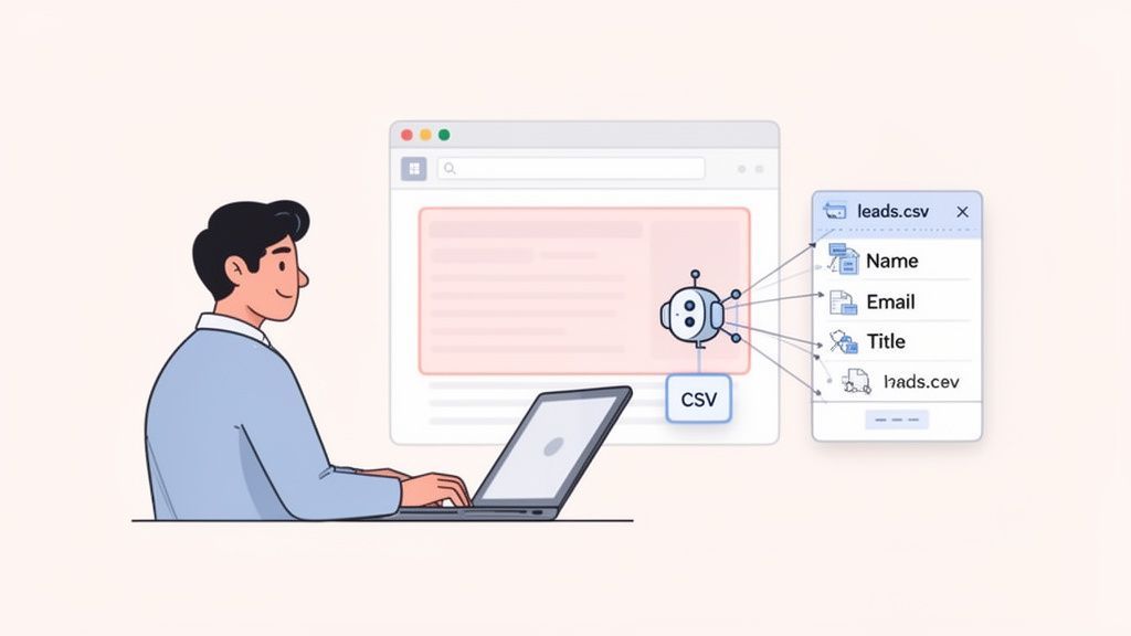 Man uses a laptop to scrape website data with a bot, extracting information to a CSV file.
