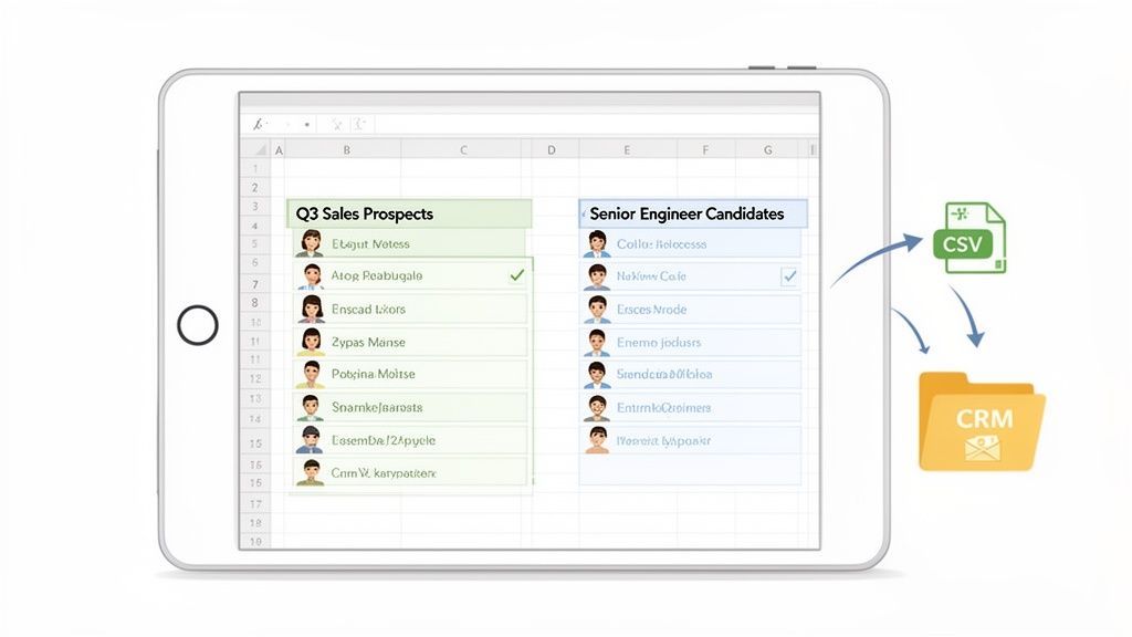 A tablet displays a spreadsheet with sales prospects and job candidates, illustrating data export to CSV and CRM.