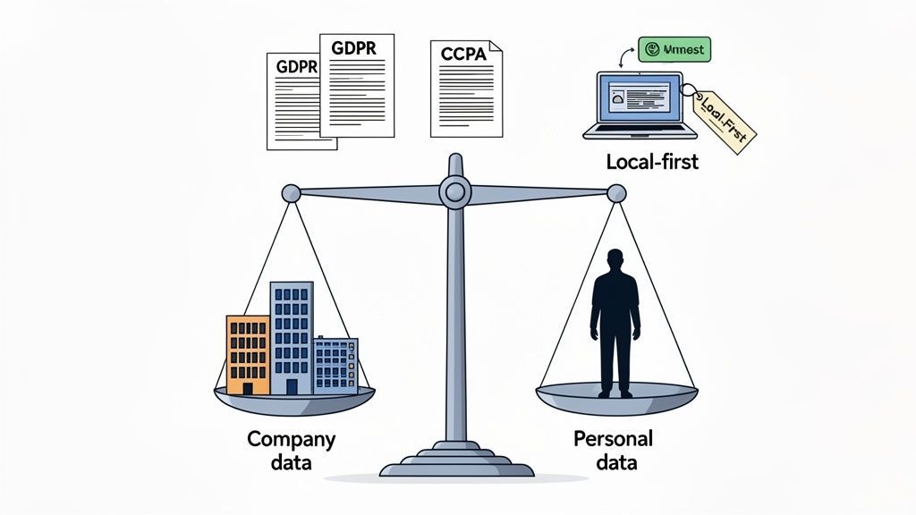 A balance scale comparing company data (buildings) to personal data (person), with GDPR, CCPA, and local-first principles.