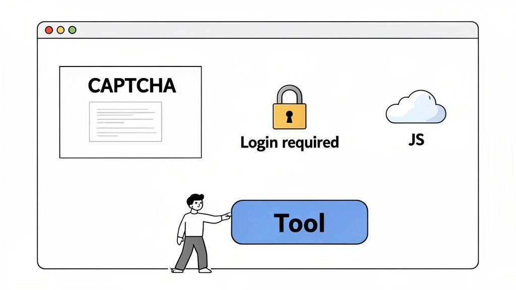 Browser window showing CAPTCHA, login required, JS cloud, and a person pointing to a 'Tool' button.