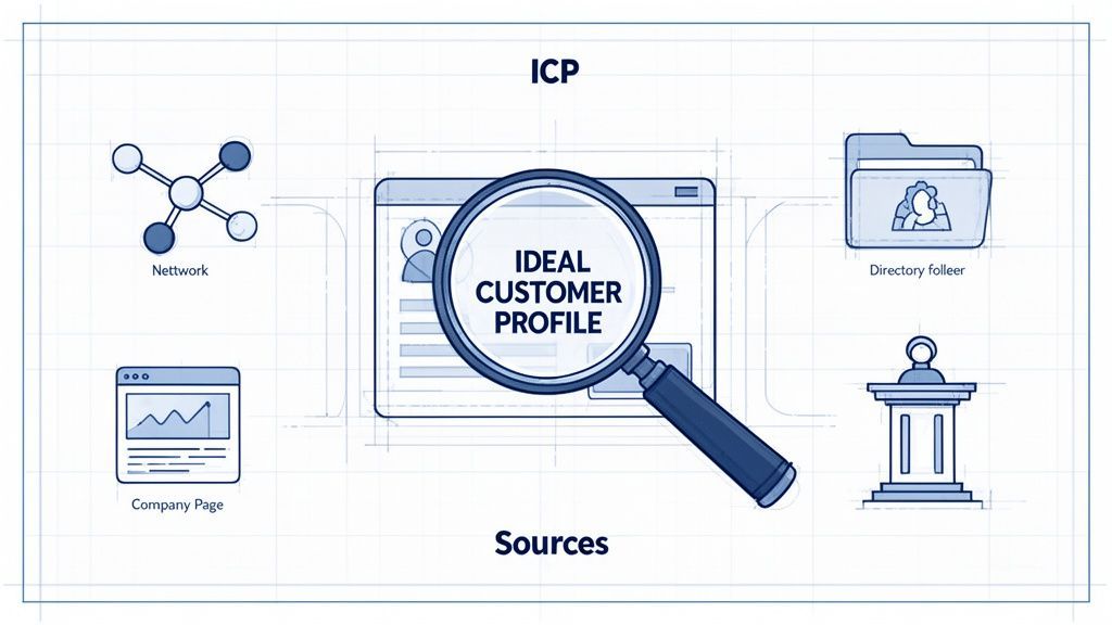 A blueprint diagram illustrating the Ideal Customer Profile (ICP) and various data sources.
