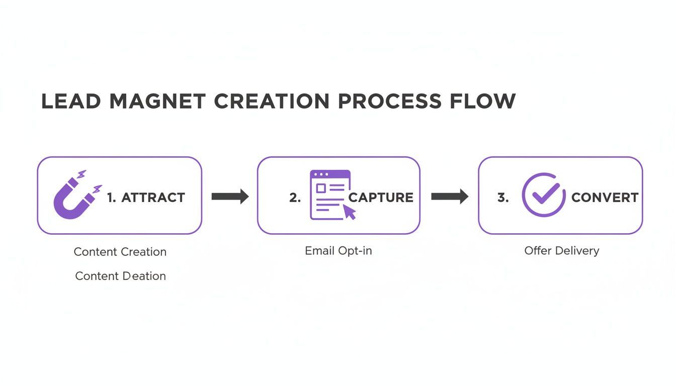 Lead magnet creation process flow illustrating steps: Attract (content), Capture (email opt-in), Convert (offer delivery).