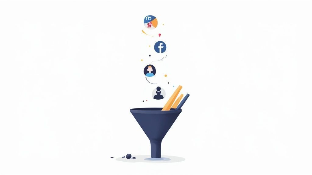 An illustration of a marketing funnel with social media and user profile icons flowing into it, symbolizing lead generation.