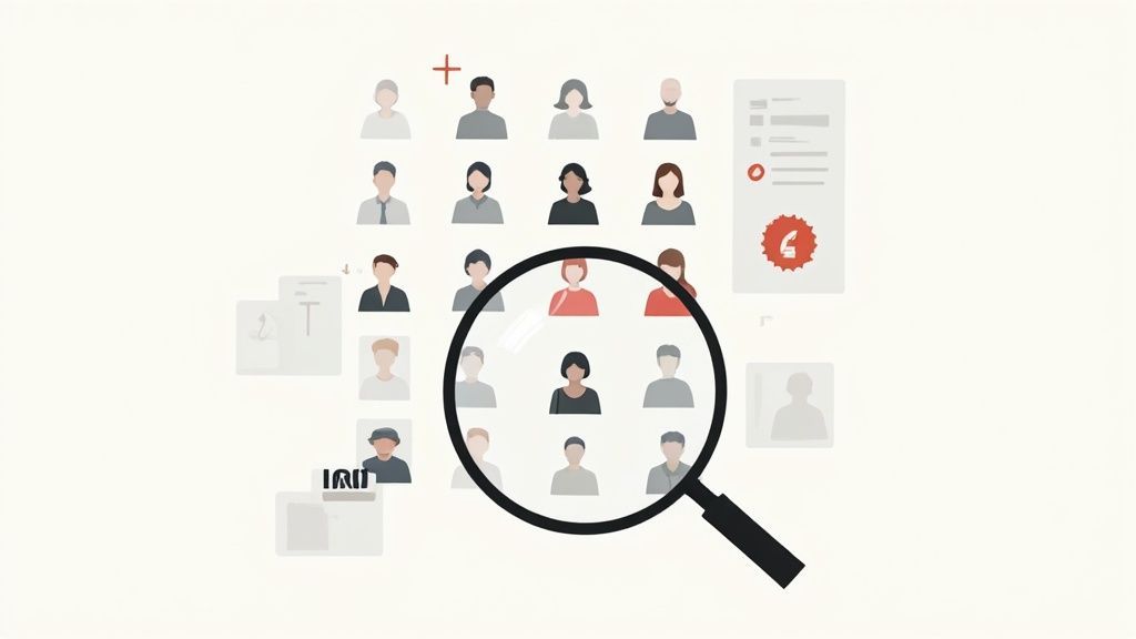 A grid of diverse user avatars, with a magnifying glass highlighting one, representing lead generation.